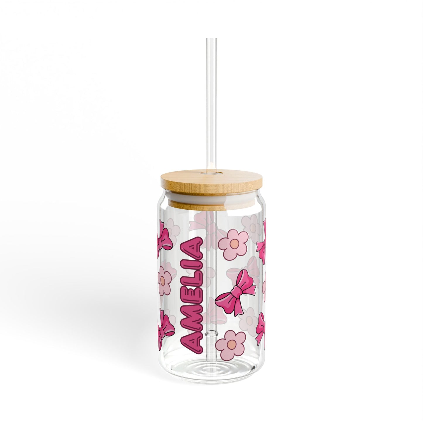Custom Name Cute Pink Bows & Flowers Glass Tumbler