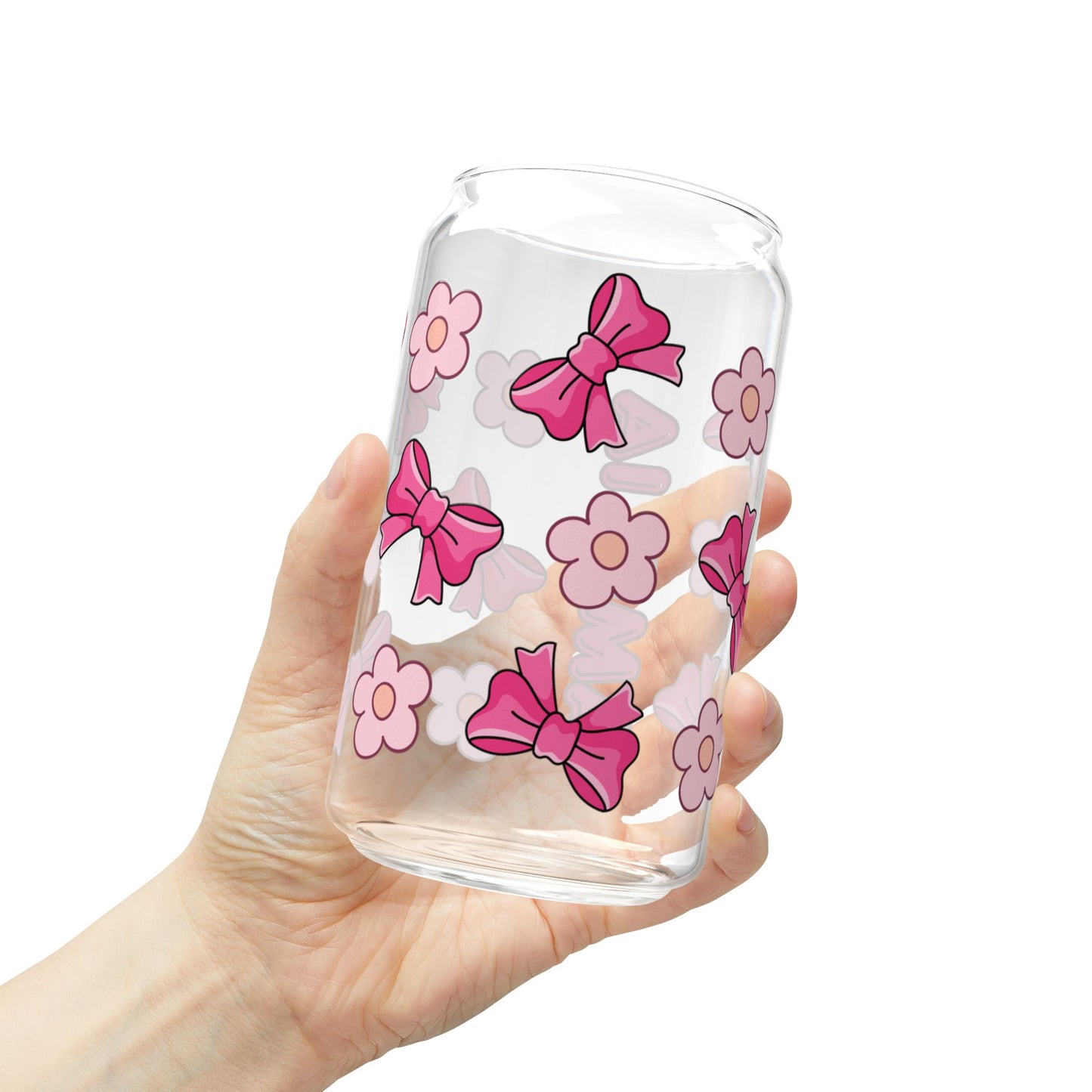 Custom Name Cute Pink Bows & Flowers Glass Tumbler
