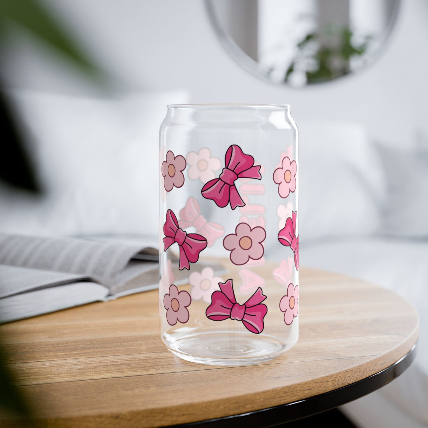 Custom Name Cute Pink Bows & Flowers Glass Tumbler