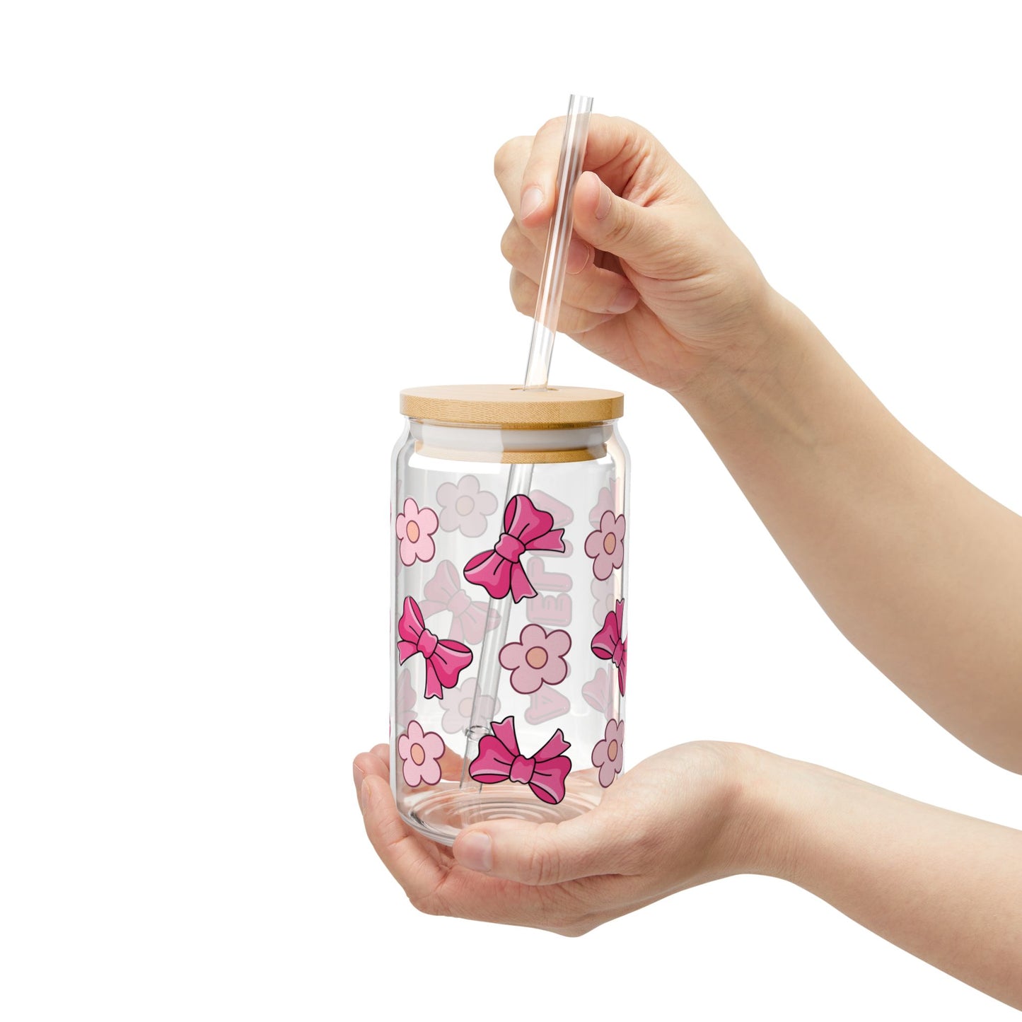 Custom Name Cute Pink Bows & Flowers Glass Tumbler