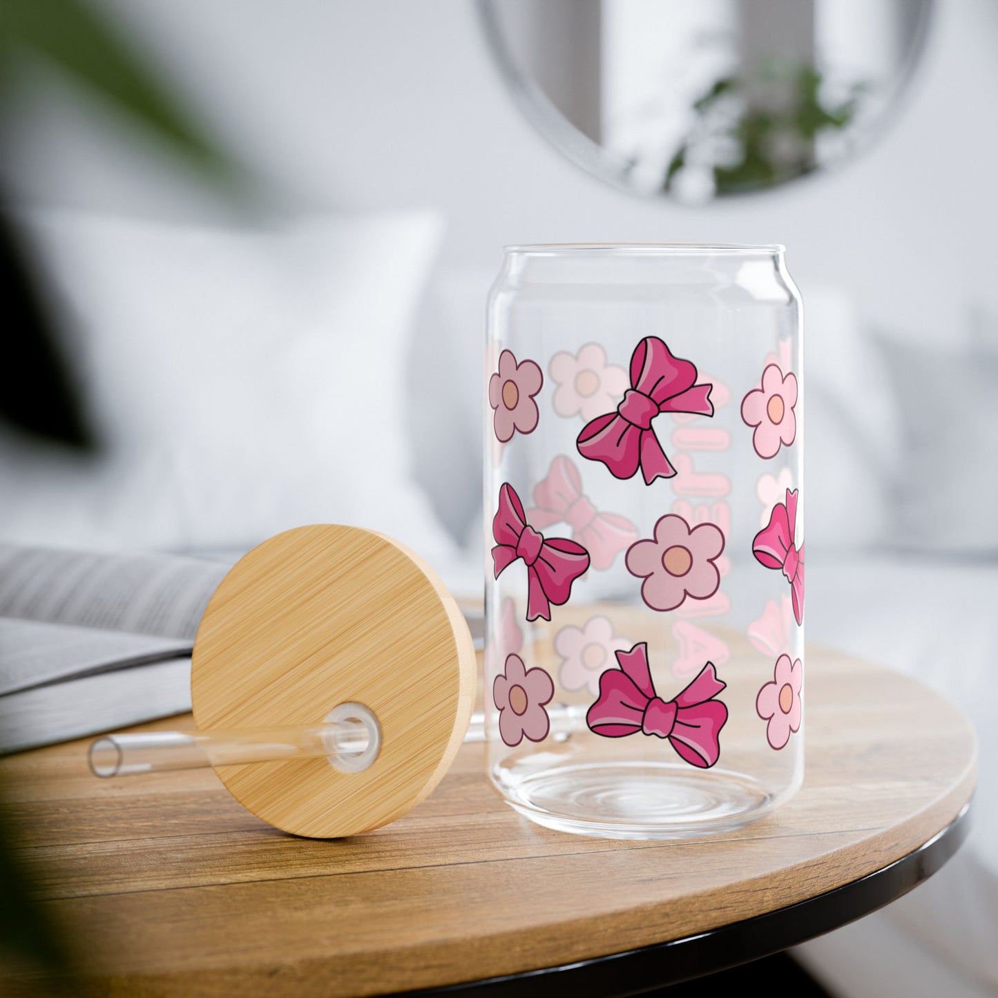 Custom Name Cute Pink Bows & Flowers Glass Tumbler