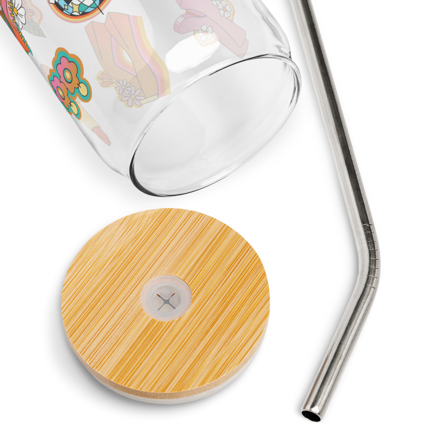 Retro Themed Sipper Glass- 16oz with Bamboo Lid and Stainless Steel Straw