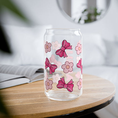 Custom Name Cute Pink Bows & Flowers Glass Tumbler