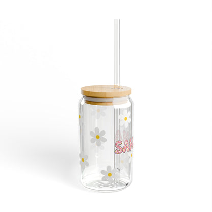 Personalized Floral Sipper Glass 16oz - with Bamboo Lid and Tritan Straw