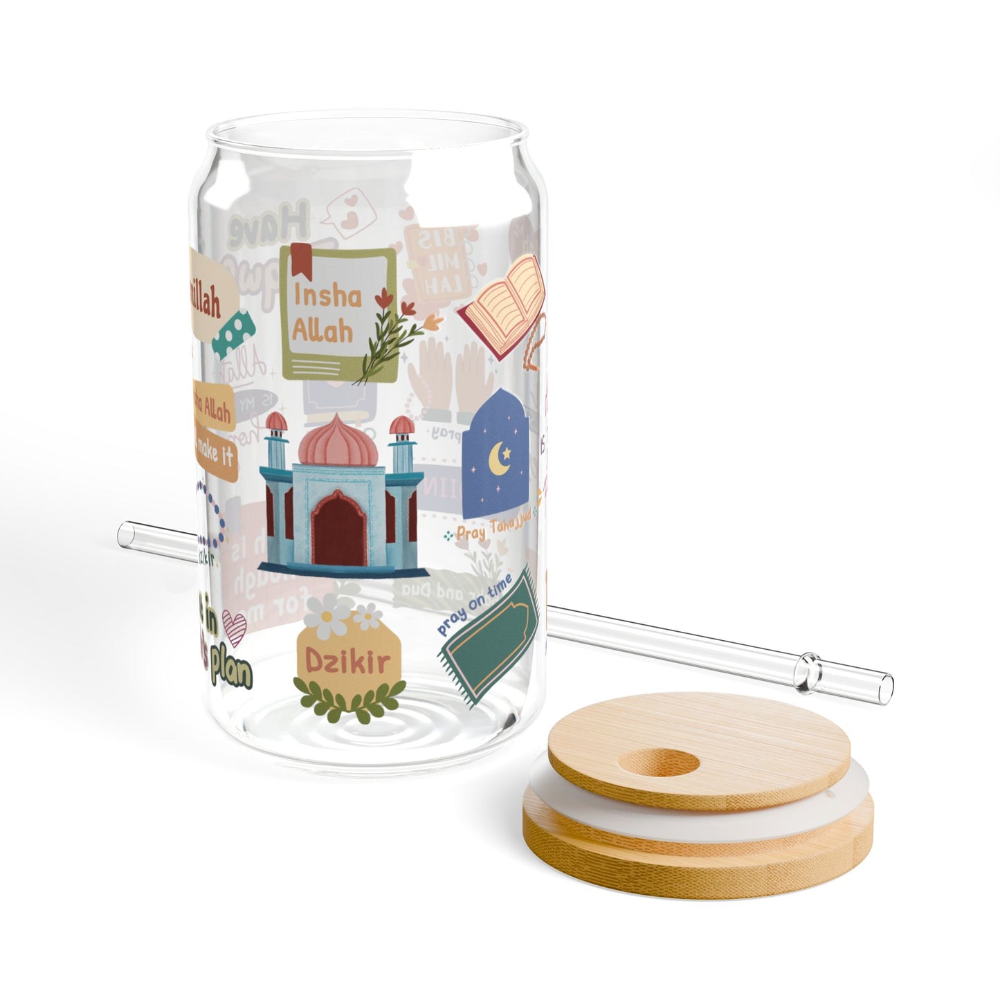 Inspirational Islamic Themed Sipper Glass- 16oz with Bamboo Lid and Tritan Straw