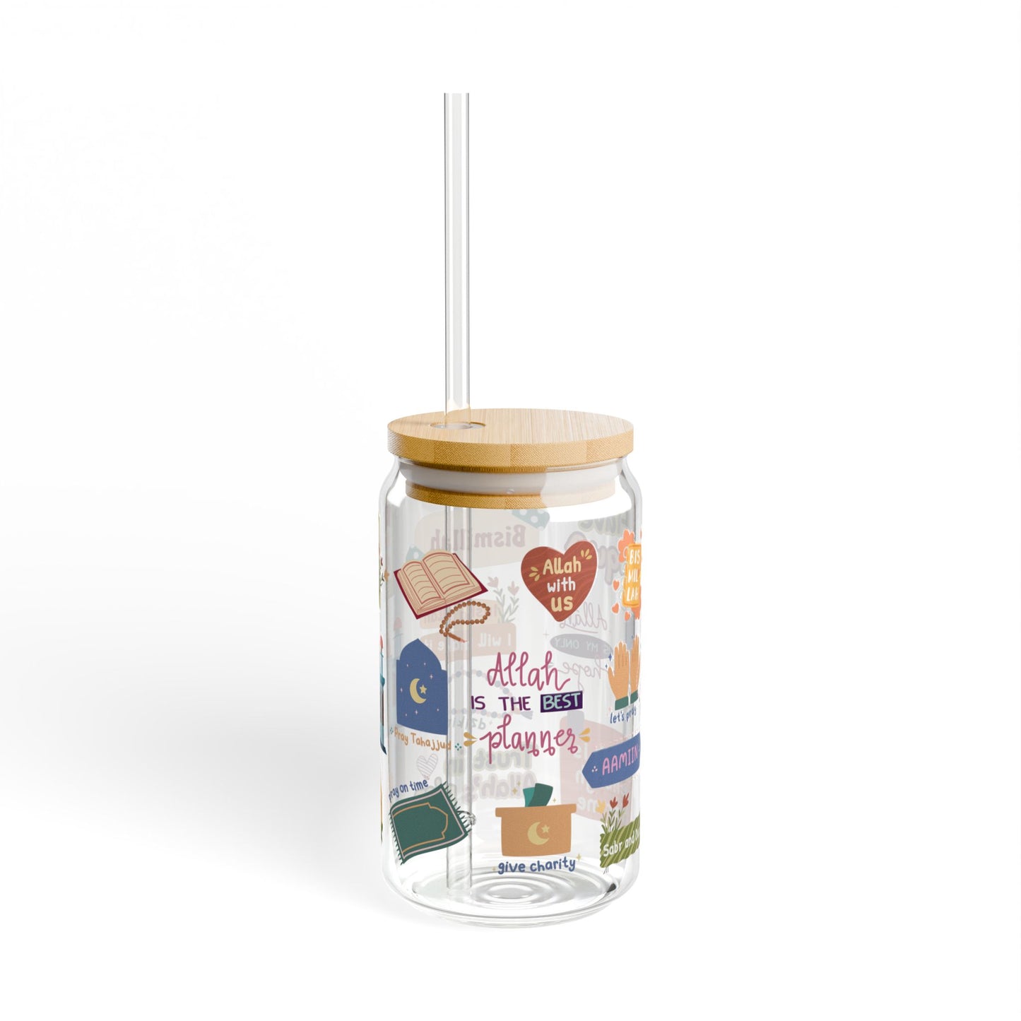 Inspirational Islamic Themed Sipper Glass- 16oz with Bamboo Lid and Tritan Straw