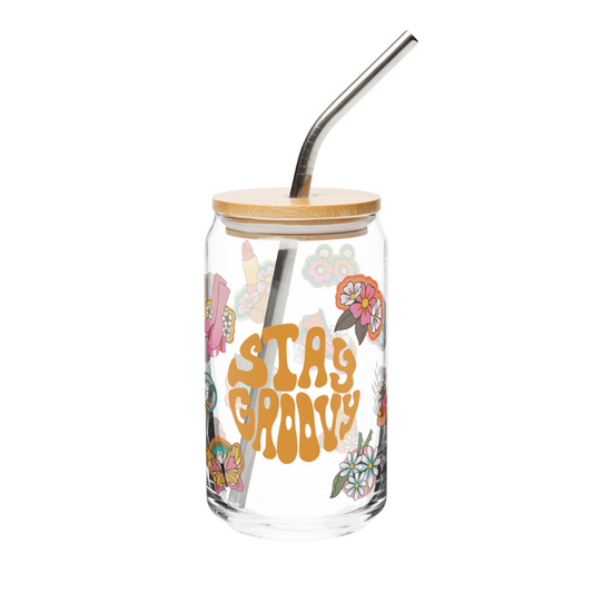 Retro Themed Sipper Glass- 16oz with Bamboo Lid and Tritan Straw