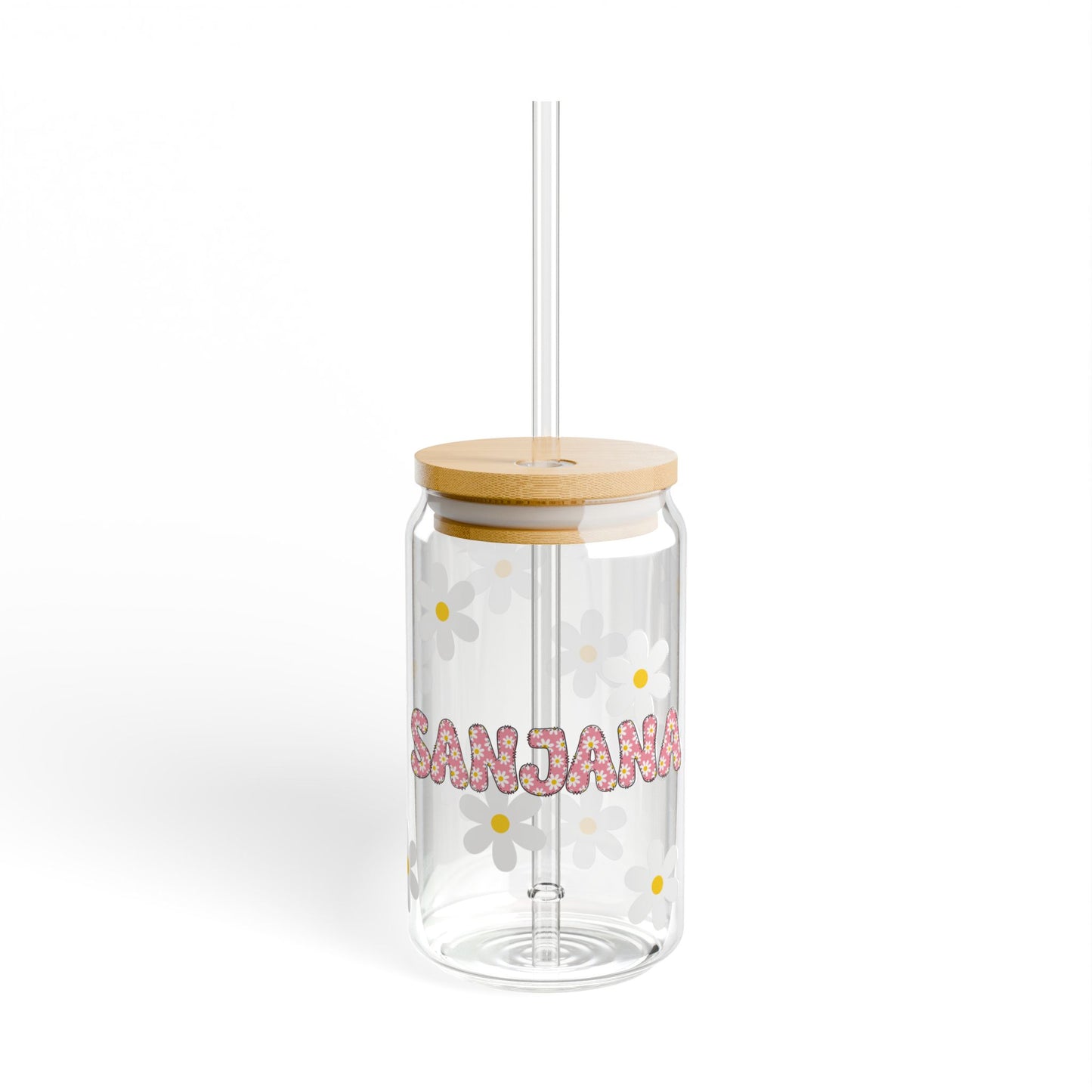 Personalized Floral Sipper Glass 16oz - with Bamboo Lid and Tritan Straw