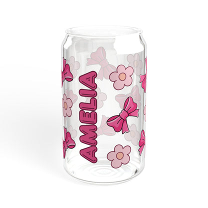 Custom Name Cute Pink Bows & Flowers Glass Tumbler