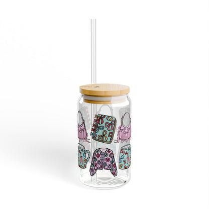 Coquette Flair 16oz Sipper Glass Can with Bamboo Lid and Tritan Straw