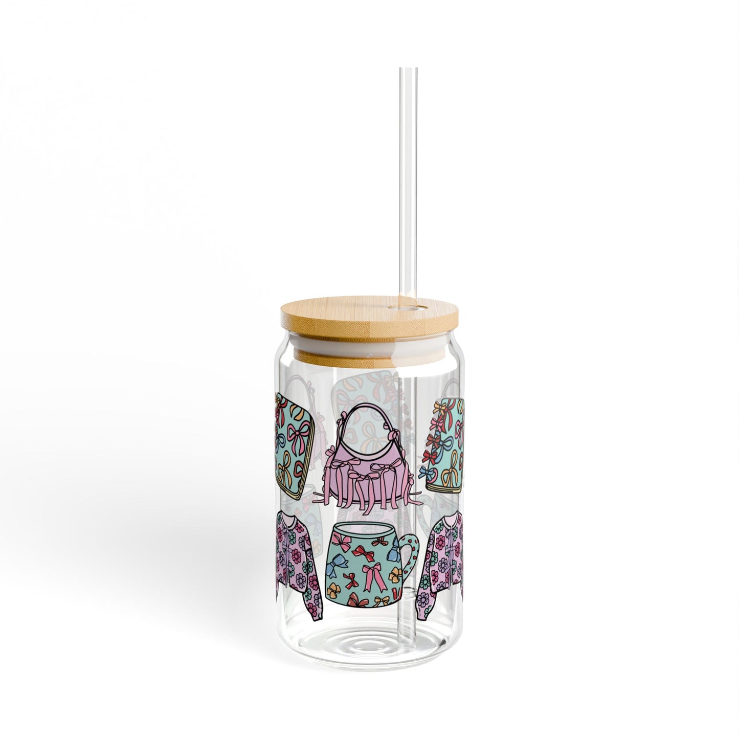 Coquette Flair 16oz Sipper Glass Can with Bamboo Lid and Tritan Straw