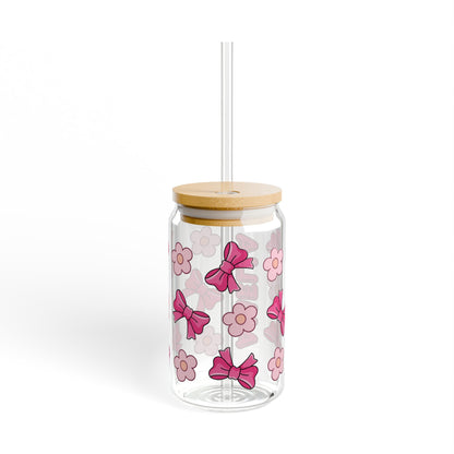 Custom Name Cute Pink Bows & Flowers Glass Tumbler
