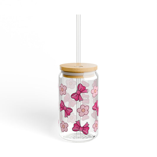 Custom Name Cute Pink Bows & Flowers Glass Tumbler
