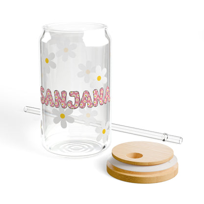 Personalized Floral Sipper Glass 16oz - with Bamboo Lid and Tritan Straw