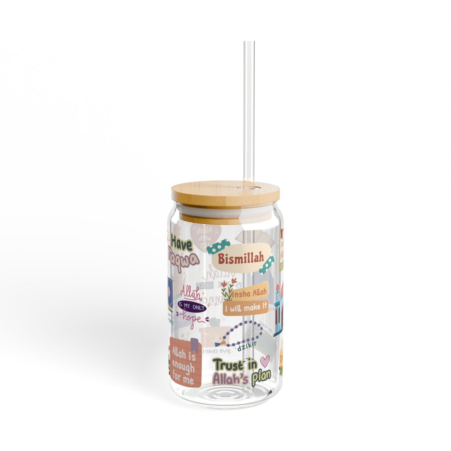 Inspirational Islamic Themed Sipper Glass- 16oz with Bamboo Lid and Tritan Straw